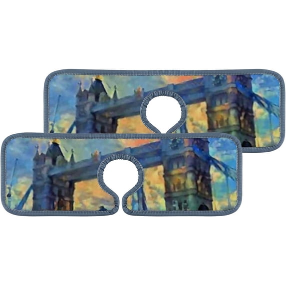 SKYSONIC Faucet Absorbent Mat 4 Pcs Oil Painting London Tower Bridge Kitchen Faucet Splash Catcher Washable Counter Drying Pads Behind Faucet for Kitchen Bathroom