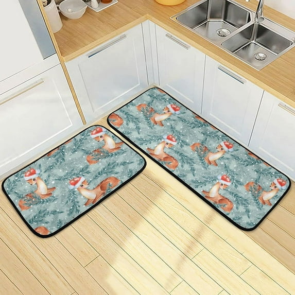 SKYSONIC Fawns Christmas Hat Kitchen Mats Set of 2 Fir Tree Snowy Anti Fatigue Floor Runner Rug Non Slip Comfort Mat 19.7x27.6 Inch + 19.7x47.2 Inch for Living Room Laundry Room Hallway