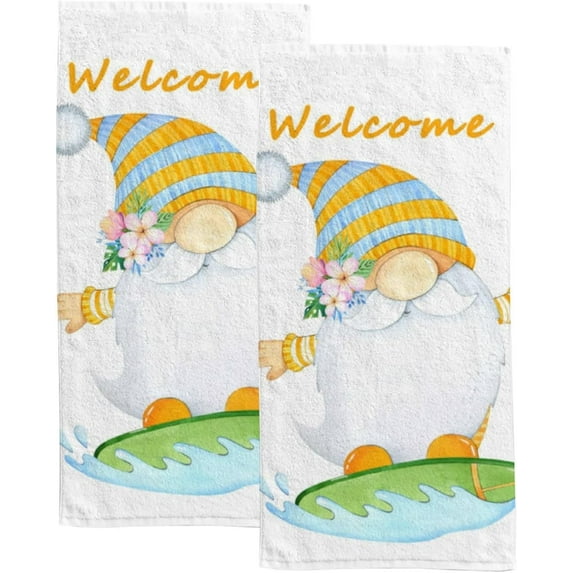 SKYSONIC Fingertip Hand Towels Set of 2 Pcs Cute Welcome Gnomes on White Absorbent Face Bath Towels for Bathroom Kitchen 30"x15"