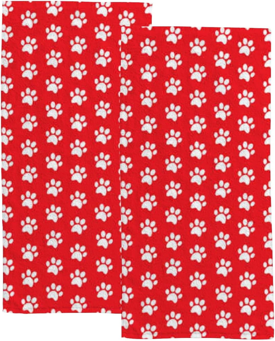 SKYSONIC Fingertip Hand Towels Set of 2 Pcs White Dog Paw Prints on Red