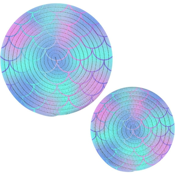 SKYSONIC Fish Skin Scale Pot Holders Trivets, 2 Pcs Heat Resistant Trivets,Colorful Glitter Cotton Thread Weave Mats for Hot Pads Pans Pot Bowl Teapot for Kitchen Decor