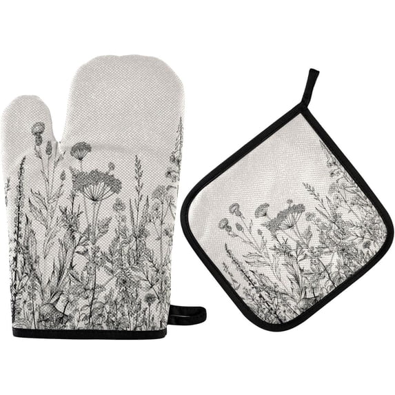 SKYSONIC Floral Border Herbs Oven Mitts and Pot Holders Kitchen Oven Glove BBQ Gloves for Cooking/Kitchen/Baking, Pack of 2