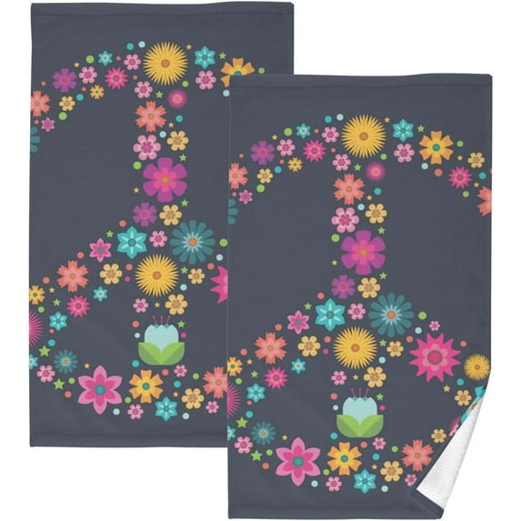 SKYSONIC Flower Peace Sign Patterned Hand Towels 2 PCS, Cotton Bath Towel for Drying Face Hands Body ,Absorbent Lightweight Towels for Bathroom Ktichen Travel Gym, 16"x28"