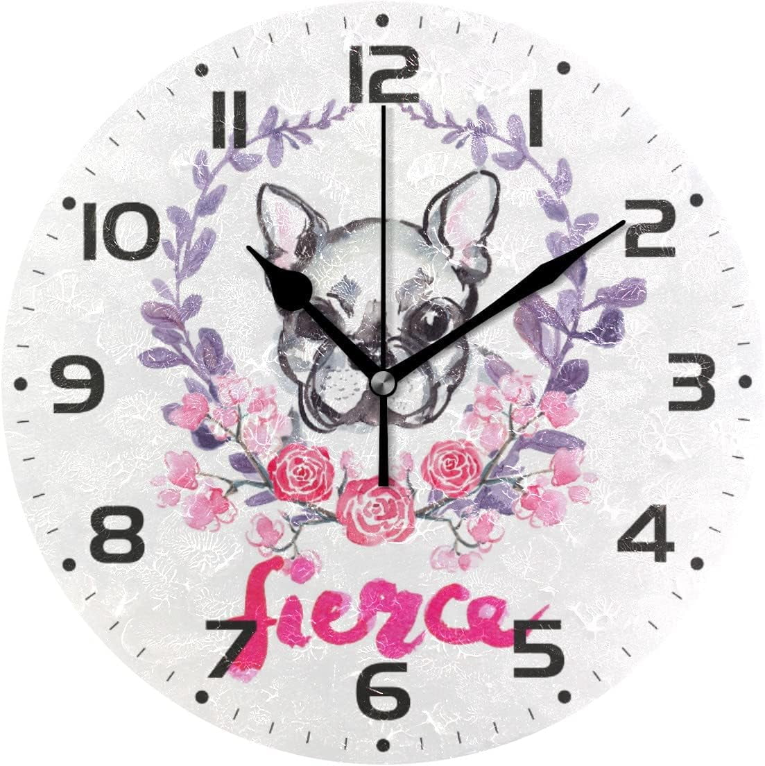 SKYSONIC Flowers & French Bulldog Wall Clock 10 Inch Silent Non Ticking