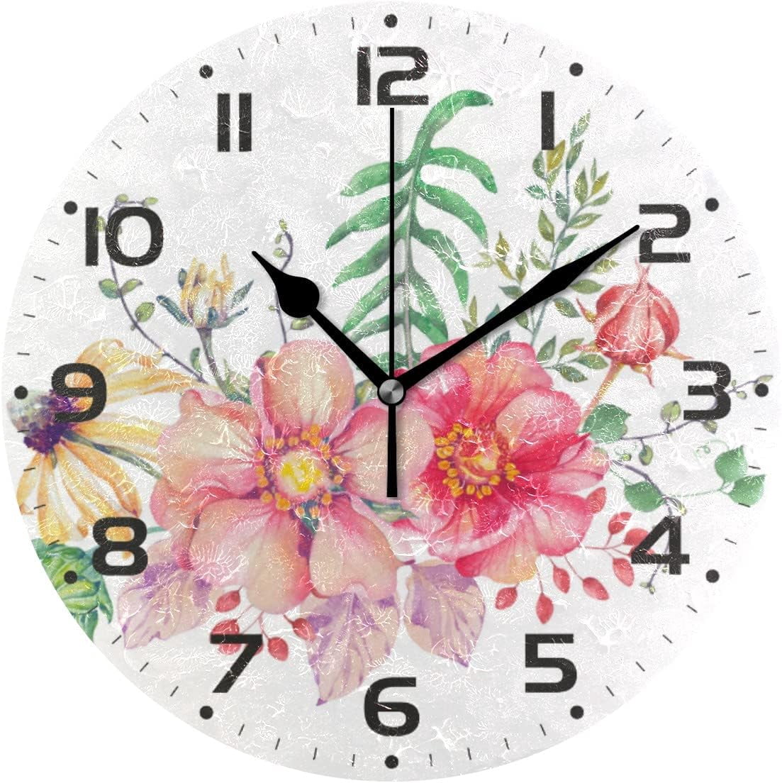 SKYSONIC Flowers Pattern Wall Clock 10 Inch Silent Non Ticking Round ...