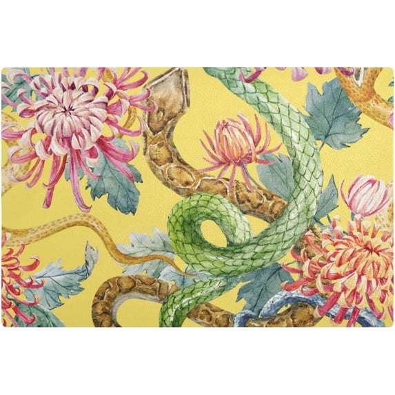 SKYSONIC Flowers Snakes Dish Drying Mat PU Leather Drying Pad for Kitchen Water Absorption Heat Resistant Home Decoration Mat 17.7×11.8 Inch