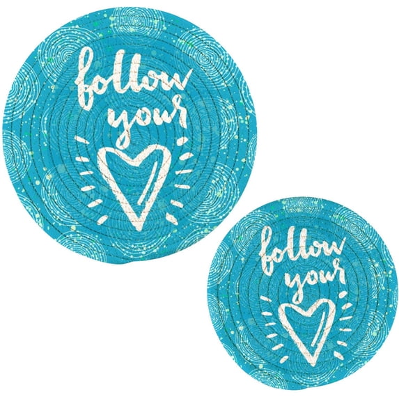 SKYSONIC Follow Your Heart Pot Holders Trivets, 2 Pcs Heat Resistant Trivets,Blue Circle Texture Cotton Thread Weave Mats for Hot Pads Pans Pot Bowl Teapot for Kitchen Decor