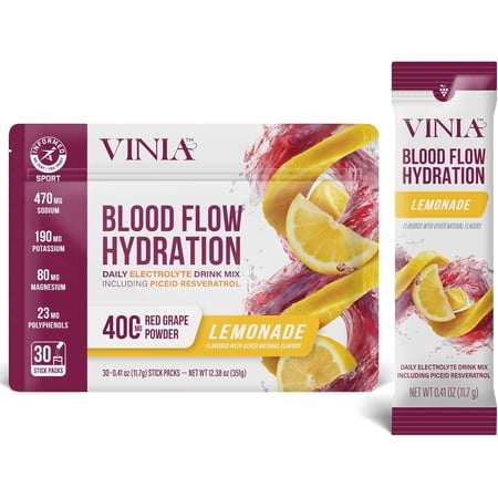 VINIA Resveratrol Electrolyte Hydration Powder Mix | Boost Blood Flow & Circulation | Sea Salt, Coconut Water Potassium, Magnesium, Informed Sport Certified (30 Sticks, Lemonade)