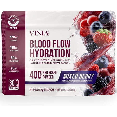 VINIA Resveratrol Electrolyte Hydration Powder Mix Boost Blood Flow and Circulation Sea Salt, Coconut Water Potassium, Magnesium, Informed Sport Certified (30 Sticks, Fruit Punch)