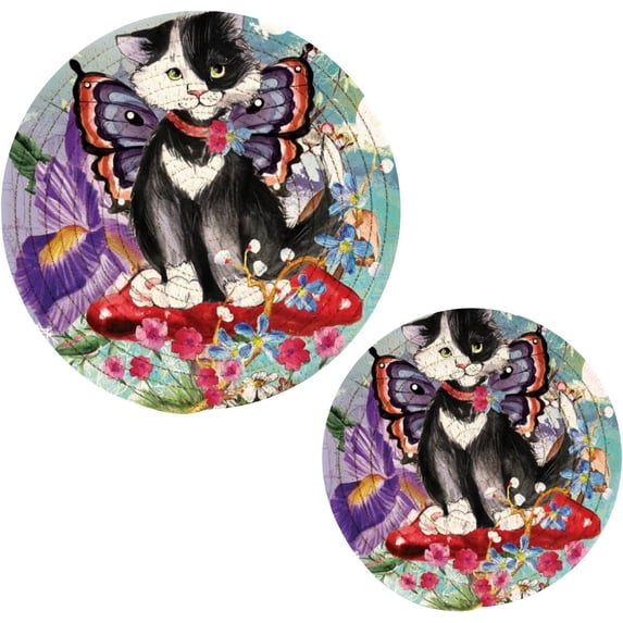 SKYSONIC Funny Butterfly Kitten Pot Holders Trivets, 2 Pcs Heat Resistant Trivets,Summer Flower Cotton Thread Weave Mats for Hot Pads Pans Pot Bowl Teapot for Kitchen Decor