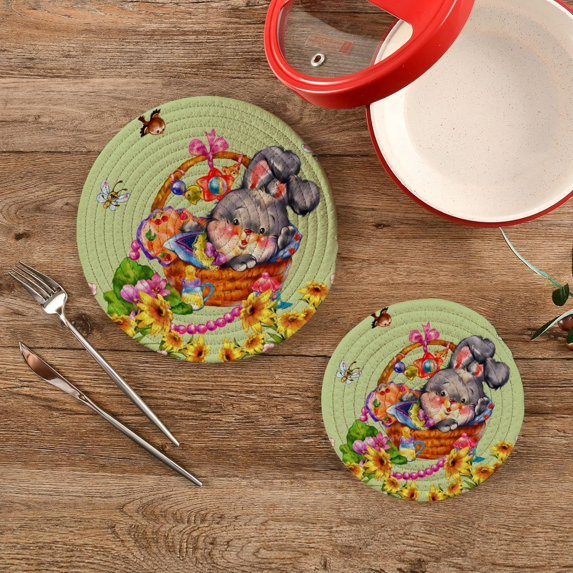 SKYSONIC Funny Flower Puppy Pot Holders Trivets, 2 Pcs Heat Resistant Trivets,Easter Rabbit Floral Cotton Thread Weave Mats for Hot Pads Pans Pot Bowl Teapot for Kitchen Decor