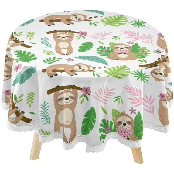 SKYSONIC Funny Sloth Summer Round Tablecloth 60inch Indoor Wrinkle Free, Tropical Leaves Flower Circular Lace Table Cover Washable for Kitchen Party BBQ Dining Decor