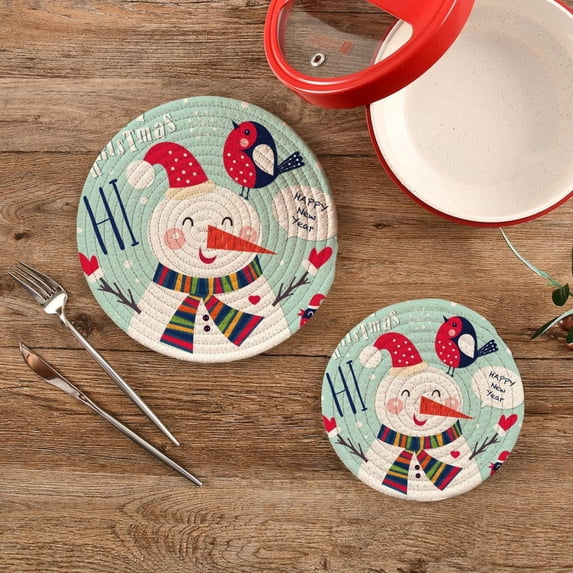 SKYSONIC Funny Winter Snowman Pot Holders Trivets, 2 Pcs Heat Resistant Trivets,Xmas Red Birds Cotton Thread Weave Mats for Hot Pads Pans Pot Bowl Teapot for Kitchen Decor
