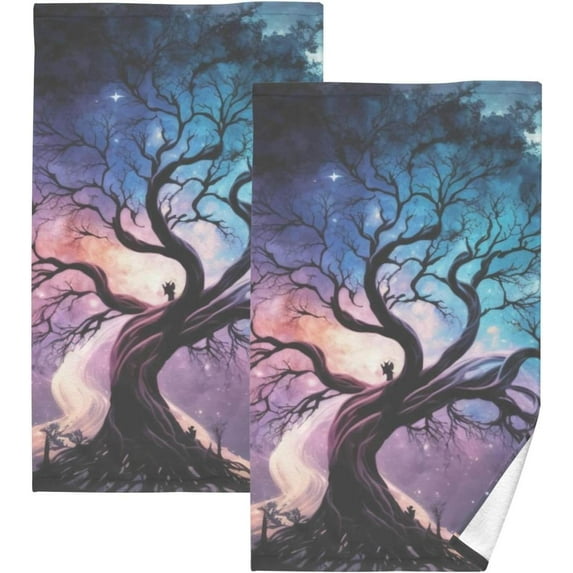 SKYSONIC Galaxy and Tree Hand Towels 2 Pack, Cotton Bath Towel for Drying Face Hands Body ,Absorbent Lightweight Towels for Bathroom Ktichen Travel Gym, 16"x28"