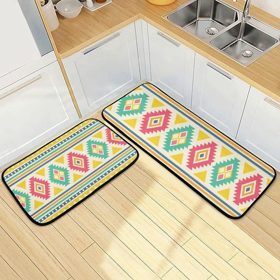 SKYSONIC Geometric Ethnic Style Kitchen Rugs and Mats 2 Pcs, Bright Color Non-Slip Floor Runner Mat for Living Room Bedroom Dorm Hallyway Home Decor 19.7"x27.6"+19.7"x47.2"