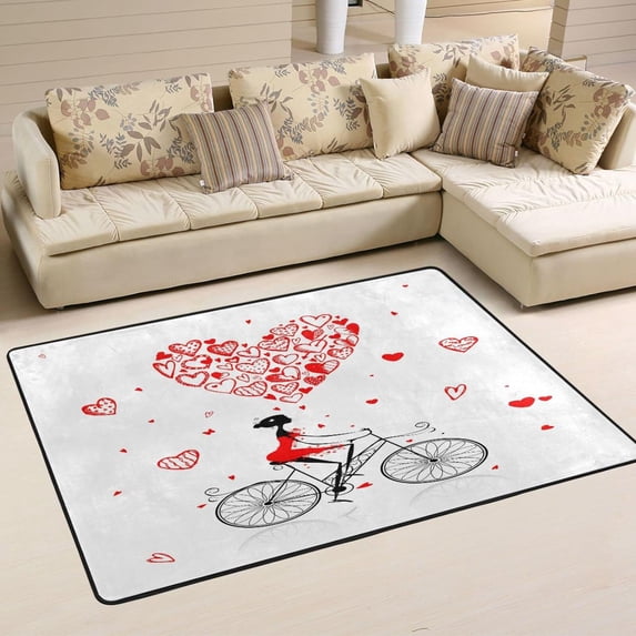 SKYSONIC Girl Red Heart Bike Non-Slip Area Rug, Valentine Day Floor Carpet Comfort Floor Mats Decor for Indoor Front Porch Living Room Bedroom Kitchen, 36"x24"