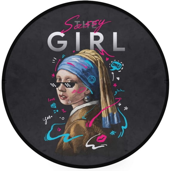 SKYSONIC Girl with A Pearl Earring ParodyRound Area Rug Chair Couch Cover Area Rug for Bedroom Floor Sofa Living Room Non-Slip Home Decor 3 x 3 Feet