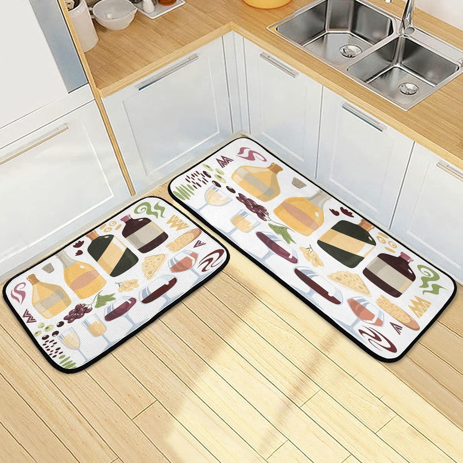 SKYSONIC Glass Bottle Wine Kitchen Rugs Set of 2, Grapes Olives Floor