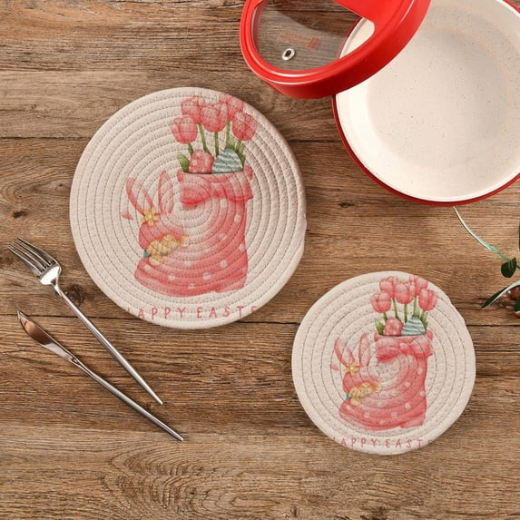 SKYSONIC Gnome Bunny Flowers Pot Holders Trivets, 2 Pcs Heat Resistant Trivets,Watercolor Easter Day Cotton Thread Weave Mats for Hot Pads Pans Pot Bowl Teapot for Kitchen Decor
