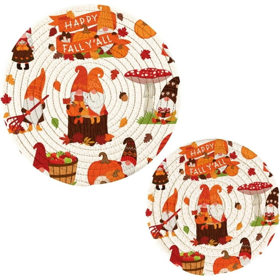 SKYSONIC Gnome Cute Dwarf Pot Holders Trivets, 2 Pcs Heat Resistant Trivets,Thanksgiving Autumn Cotton Thread Weave Mats for Hot Pads Pans Pot Bowl Teapot for Kitchen Decor