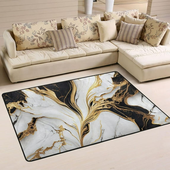 SKYSONIC Gold Marble Texture Non-Slip Area Rug, Abstract Ink Art Floor Carpet Comfort Floor Mats Decor for Indoor Front Porch Living Room Bedroom Kitchen, 36"x24"