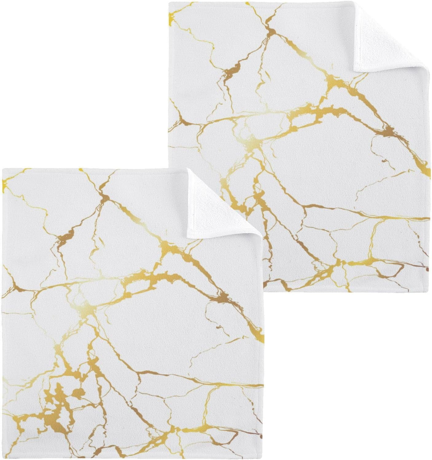 SKYSONIC Gold Marble Washcloths Set of 2, Highly Absorbent Soft Cotton