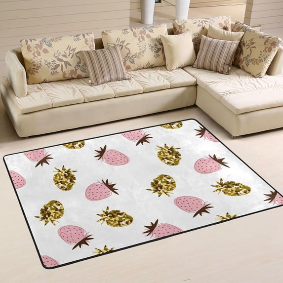 SKYSONIC Golden Glitter Strawberries Area Rug 72x48in Seamless Pattern Non-Slip Floor Carpet for Indoor Living Dining Room and Bedroom Area