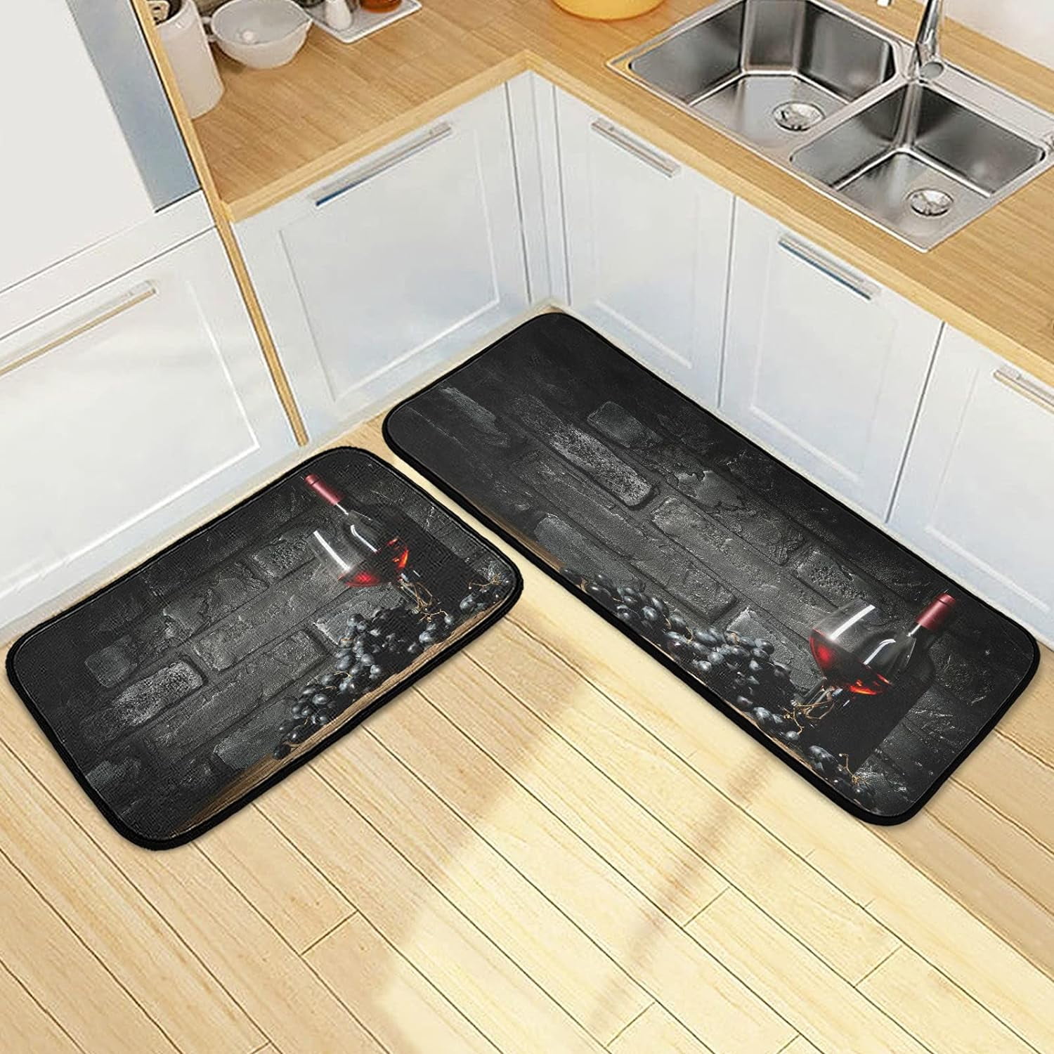 SKYSONIC Grapes Red Wine Kitchen Rugs Set of 2, Black Rustic Brick Wall ...