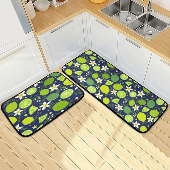 SKYSONIC Green Lemons Flowers Kitchen Mats and Rugs, Leaves Floral Kitchen Floor Runner Bathroom Carpet Doormat Washable Rug, Perfect for Living Room Bedroom Entryway,19.7"x27.6" + 19.7"x47.2"