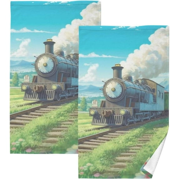 SKYSONIC Green Wild Train Bathroom Towels 2 PCS, 16"x28", Cotton Bath Towel Water Absorbent Lightweight Quickdry Towels for Bathroom Ktichen Travel Gym