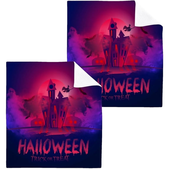 SKYSONIC Halloween Castle Cotton Washcloths Set of 4, Highly Absorbent Soft Fingertip Towel for Bathroom, Gym, Hotel and Spa, 12 x 12 Inch