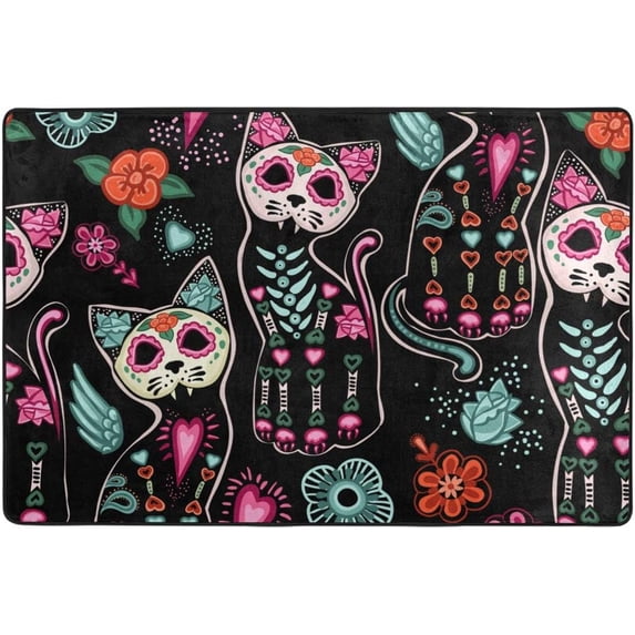 SKYSONIC Halloween Cats and Colorful Flowers Lightweight Carpet Mats Area Soft Rugs Floor Mat Doormat Decoration for Rooms Entrance 36x24 inches