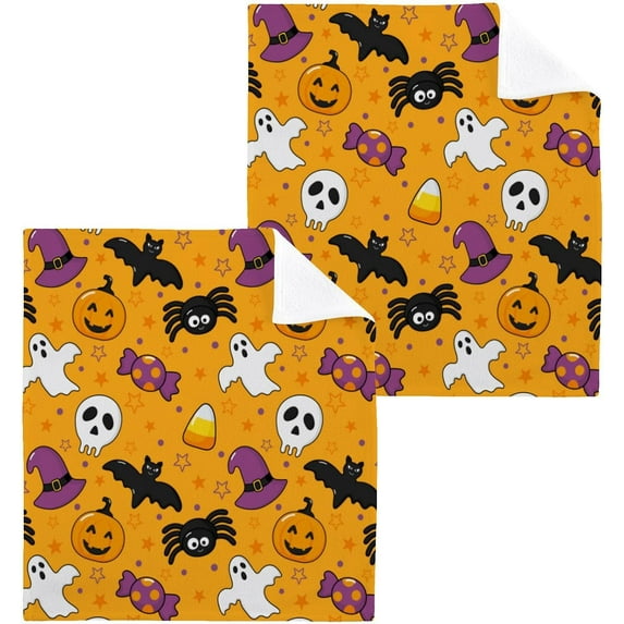 SKYSONIC Halloween Ghost Pumpkin Cotton Washcloths Set of 2, Highly Absorbent Soft Fingertip Towel for Bathroom, Gym, Hotel and Spa, 12 x 12 Inch