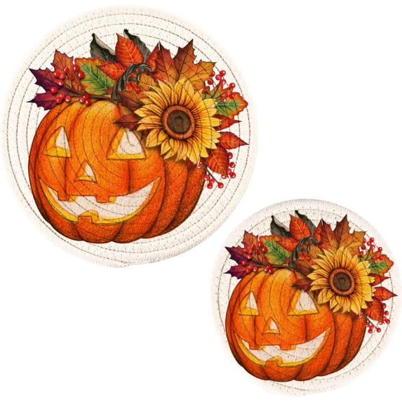 SKYSONIC Halloween Harvest Pumpkin Pot Holders Trivets, 2 Pcs Heat Resistant Trivets,Cute Harvest Cotton Thread Weave Mats for Hot Pads Pans Pot Bowl Teapot for Kitchen Decor