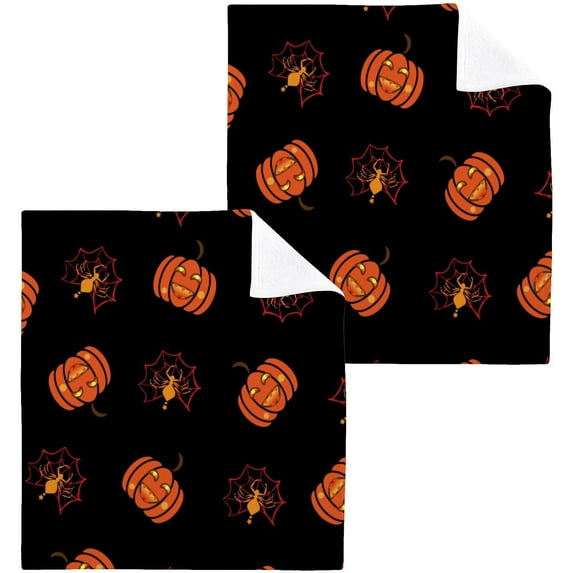 SKYSONIC Halloween Pumpkin Washcloths Set of 2, Highly Absorbent Soft Cotton Fingertip Towels for Bathroom, Kitchen, Gym, Spa, Home Decor, 12 x 12 Inch