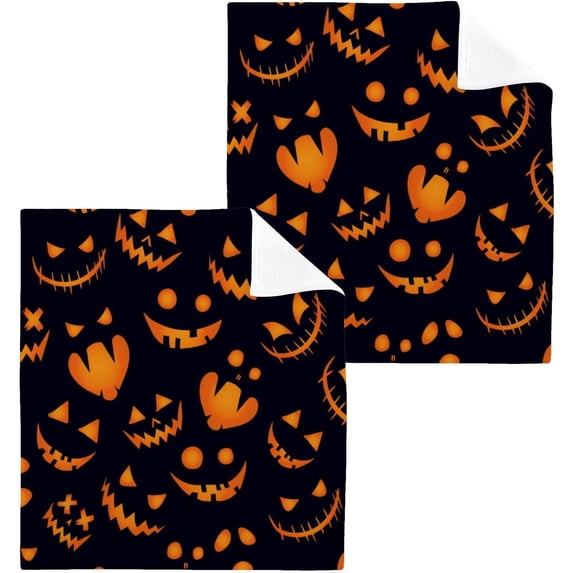SKYSONIC Halloween Pumpkin Washcloths Set of 2, Highly Absorbent Soft Cotton Fingertip Towels for Bathroom, Kitchen, Gym, Spa, Home Decor, 12 x 12 Inch