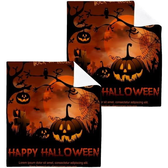 SKYSONIC Halloween Pumpkin Washcloths Set of 4, Highly Absorbent Soft Cotton Fingertip Towels for Bathroom, Kitchen, Gym, Spa, Home Decor, 12 x 12 Inch