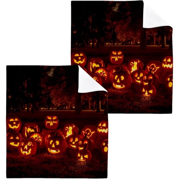 SKYSONIC Halloween Pumpkin Washcloths Set of 2, Highly Absorbent Soft Cotton Fingertip Towels for Bathroom, Kitchen, Gym, Spa, Home Decor, 12x12 Inch