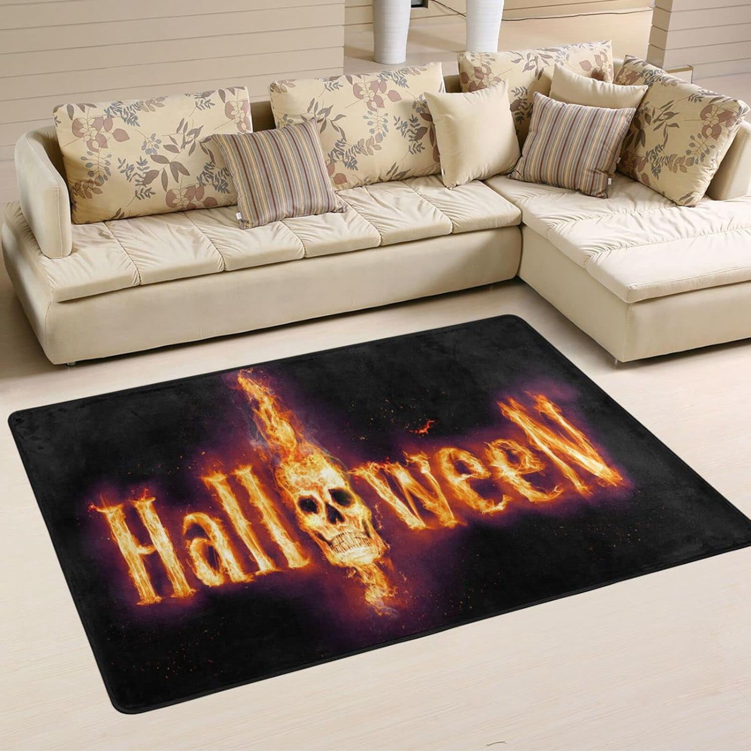 SKYSONIC Halloween Skull Fire Non-Slip Area Rug, Floor Carpet Comfort ...