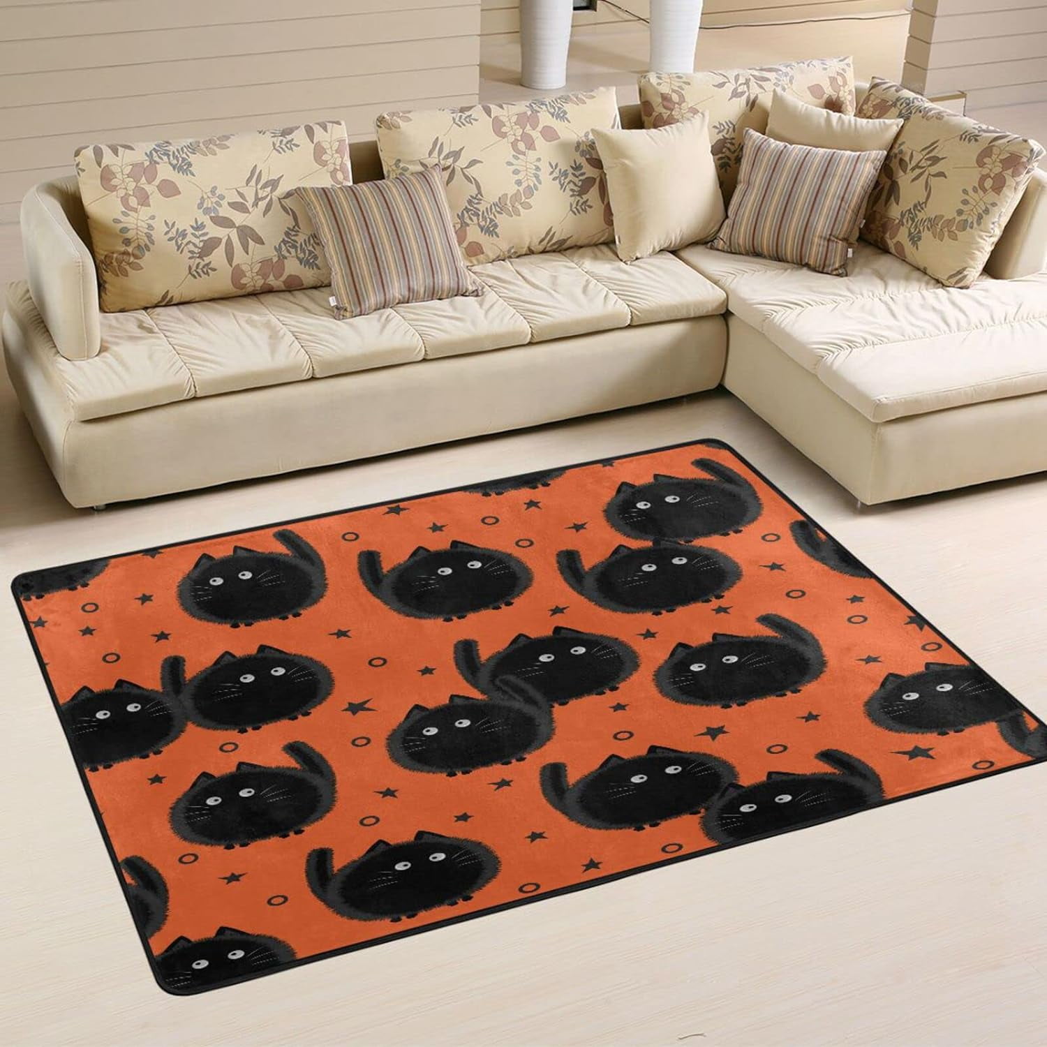 SKYSONIC Halloween Spooky Cats Non-Slip Area Rug, Orange Cartoon Star ...