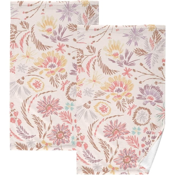 SKYSONIC Hand Towels Line Draw Florals Patterned 2 PCS, Cotton Bath Towel for Drying Face Hands Body ,Absorbent Lightweight Towels for Bathroom Ktichen Travel Gym, 16"x28"