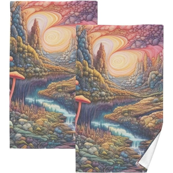 SKYSONIC Hand Towels Set - Colorful Landscape with Mushrooms Print for Bathroom Kitchen Travel 16×28 in/2 Pcs, Cotton Bath Towels Lightweight Quickdry for Bathroom Ktichen Travel SPA Gym