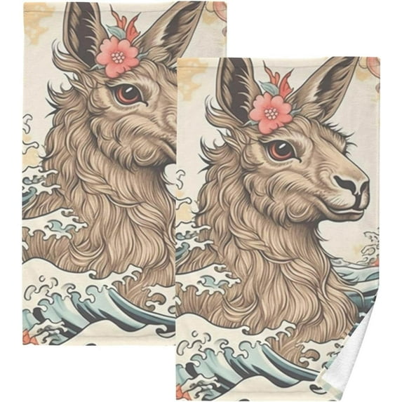 SKYSONIC Hand Towels Set - Ukiyo-e Llama Print for Bathroom Kitchen Travel 16×28 in/2 Pcs, Cotton Bath Towels Lightweight Quickdry for Bathroom Ktichen Travel SPA Gym