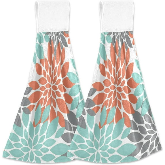 SKYSONIC Hanging Kitchen Towel 12 x 17 Inch Colored Flower Towel Set 2 Pieces of Dry Towels for Kitchen, Bathroom, Laundry Room Table