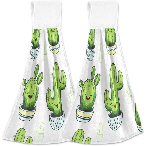 SKYSONIC Hanging Kitchen Towel 12 x 17 Inch Cute Cartoon Cactus Towel Set 2 Pieces of Dry Towels for Kitchen, Bathroom, Laundry Room Table