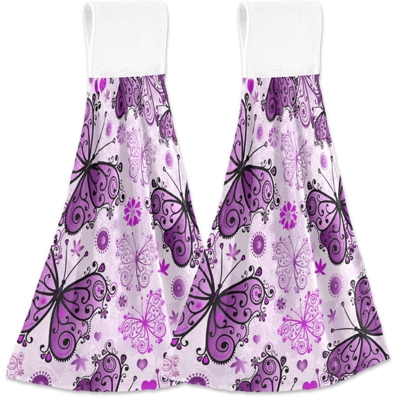 SKYSONIC Hanging Kitchen Towel 12 x 17 Inch Purple Butterfly Towel Set 2 Pieces of Dry Towels for Kitchen, Bathroom, Laundry Room Table