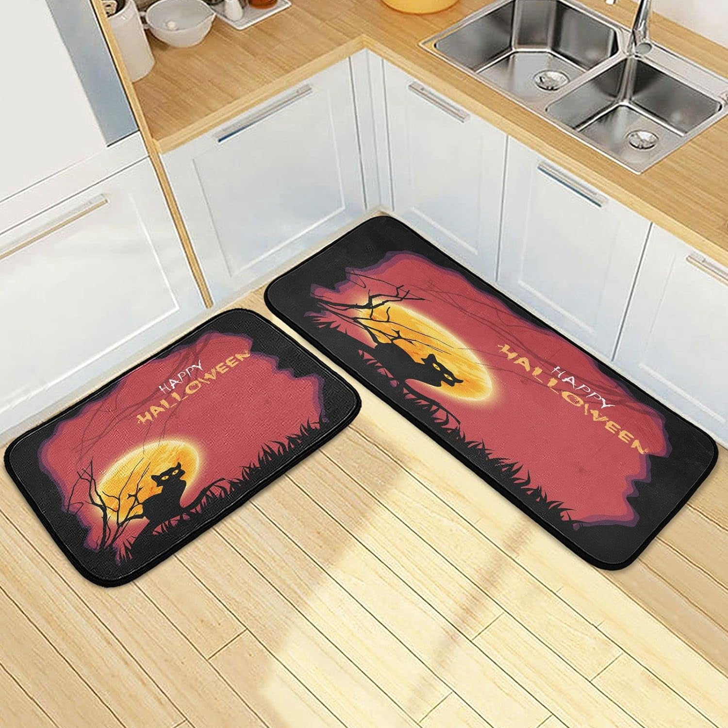 SKYSONIC Happy Halloween Black Cat Kitchen Rugs Set of 2, Spooky Moon ...