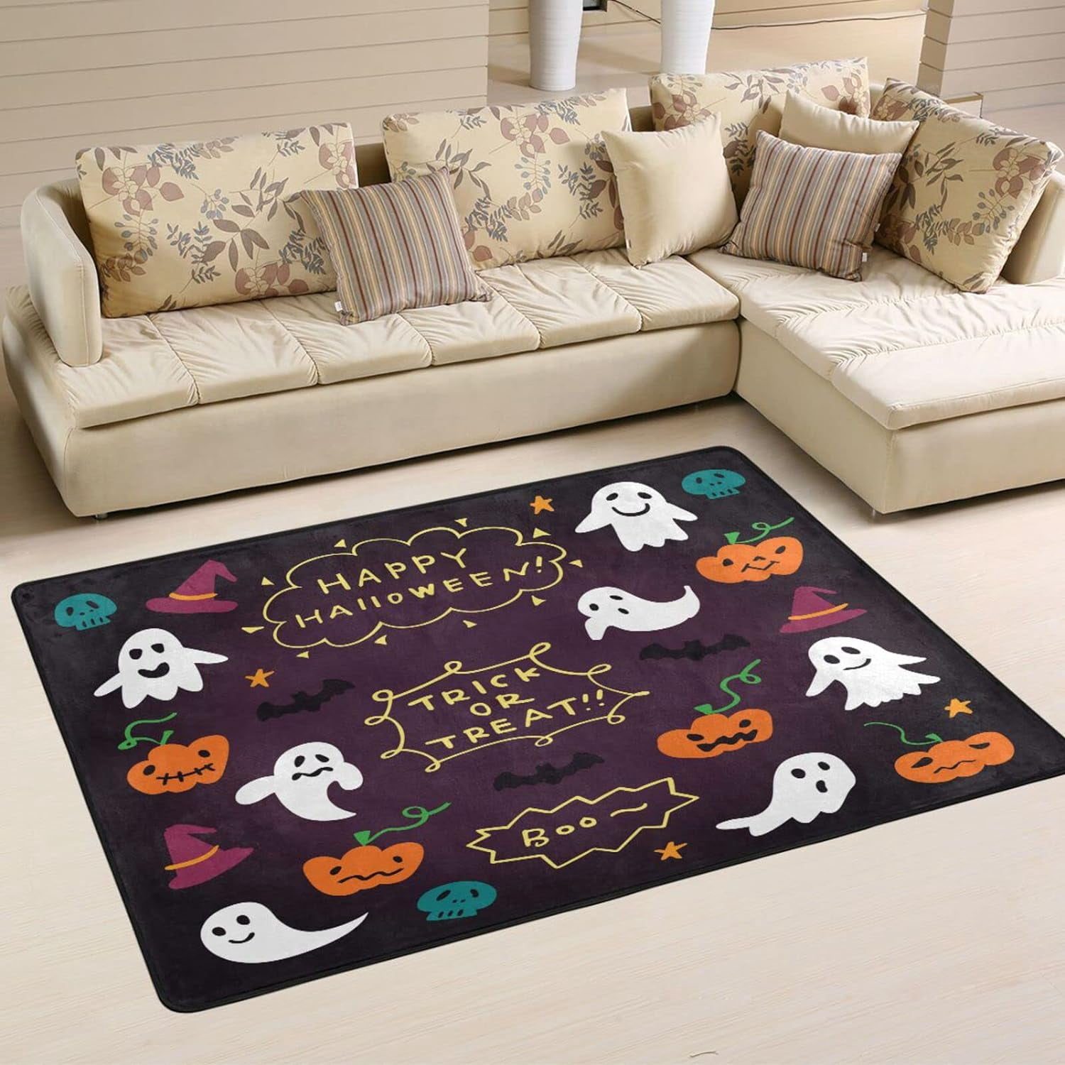 SKYSONIC Happy Halloween Doodle Spooky Non-Slip Area Rug, Cartoon ...