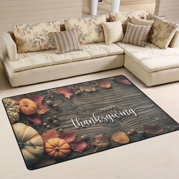 SKYSONIC Happy Thanksgiving Rustic Leaves Non-Slip Area Rug, Pumpkins Acorns Wooden Floor Carpet Comfort Floor Mats Decor for Indoor Front Porch,Living Room, Bedroom,Kitchen (72x48")
