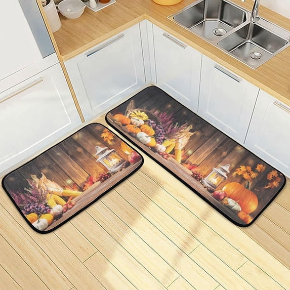 SKYSONIC Harvest Fall Thanksgiving Kitchen Rugs 2 Pieces, Pumpkin Corn Rustic Wooden Floor Mat Room Area Rug Washable Carpet Perfect for Living Room Bedroom Entryway